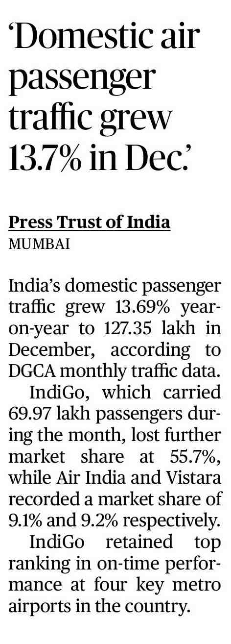 Domestic air passenger traffic grew 13.7% in Dec.