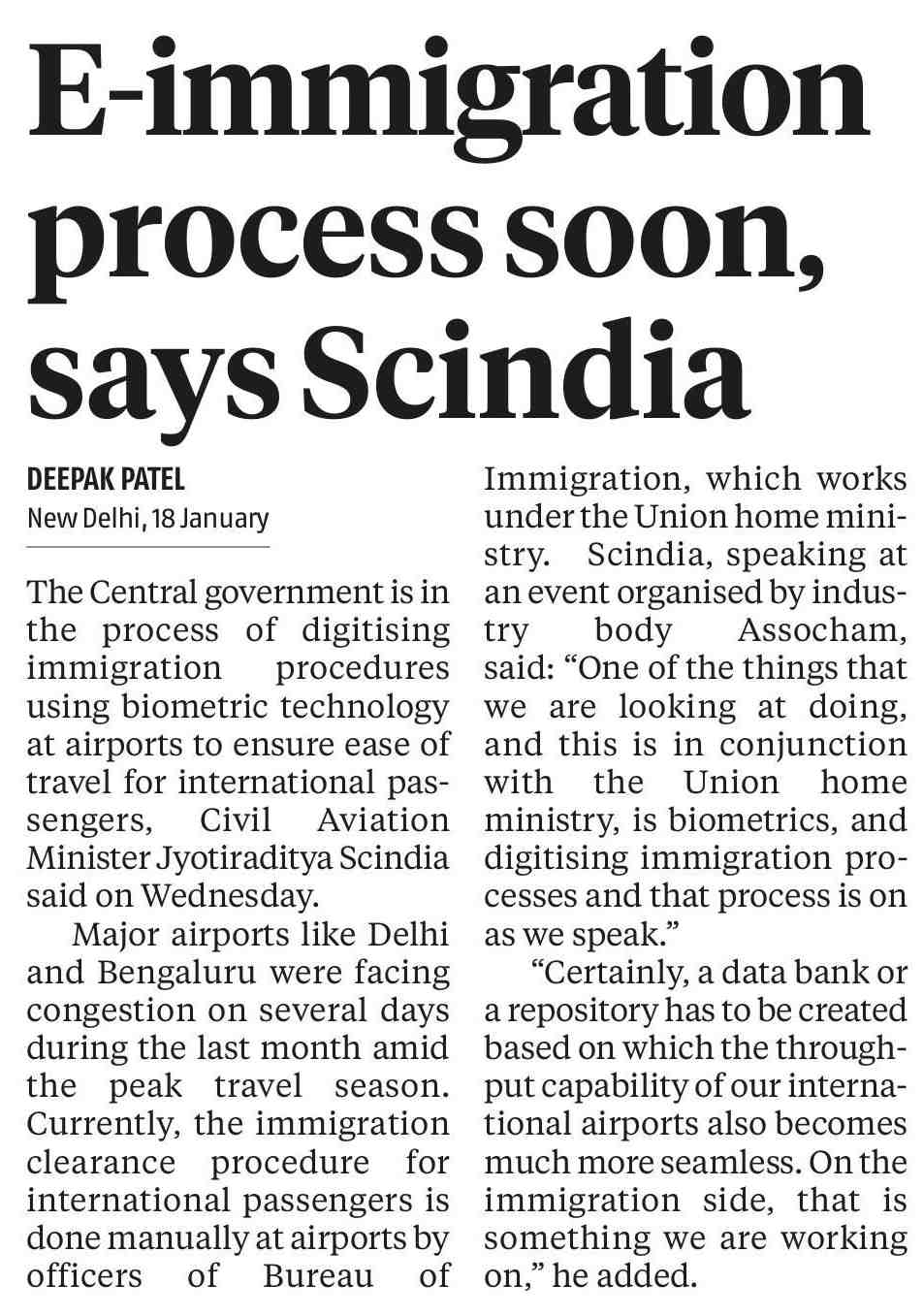 E-immigration process soon, says Scindia