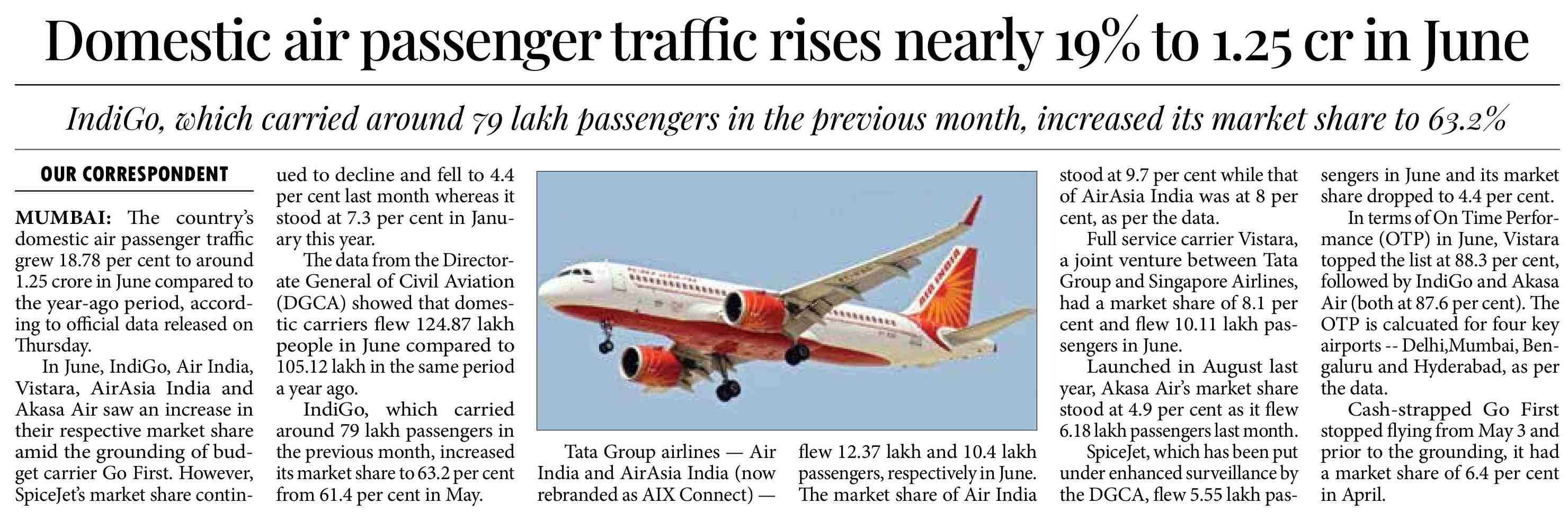 Domestic air passenger traffic nealy 19% to